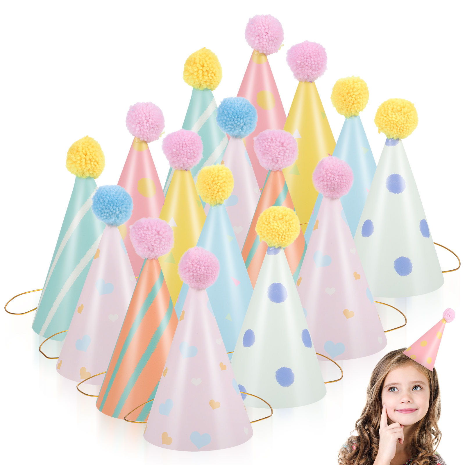 Party Hat Cone - 14Pcs 어린이를위한 종이 생일 모자 폼폼이있는