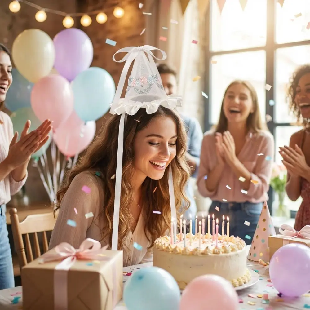 귀여운 스타일 자수 메쉬 생일 모자 헤어 클립 리본 꽃 - Party Hat Cone 리뷰 및 가격
